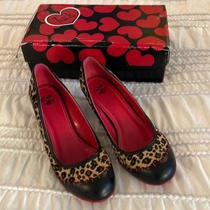 Leopard Print Punk T.U.K. Stitched Red and Black Heels, Size 10